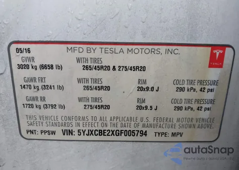 2016 Tesla Model X 60D/70D/75D/90D/P100D from USA, damaged, VIN 5YJXCBE2XGF005794